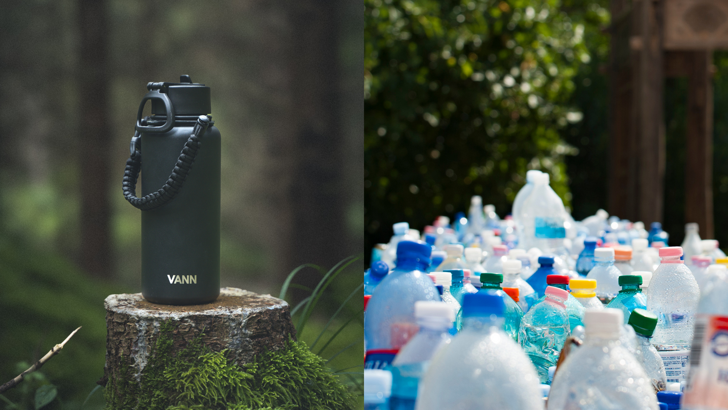 The VANN Ultimate Bottle in a lush forest setting beside a pile of discarded plastic bottles, visually emphasizing sustainability and why switching to a reusable bottle is essential for the planet.
