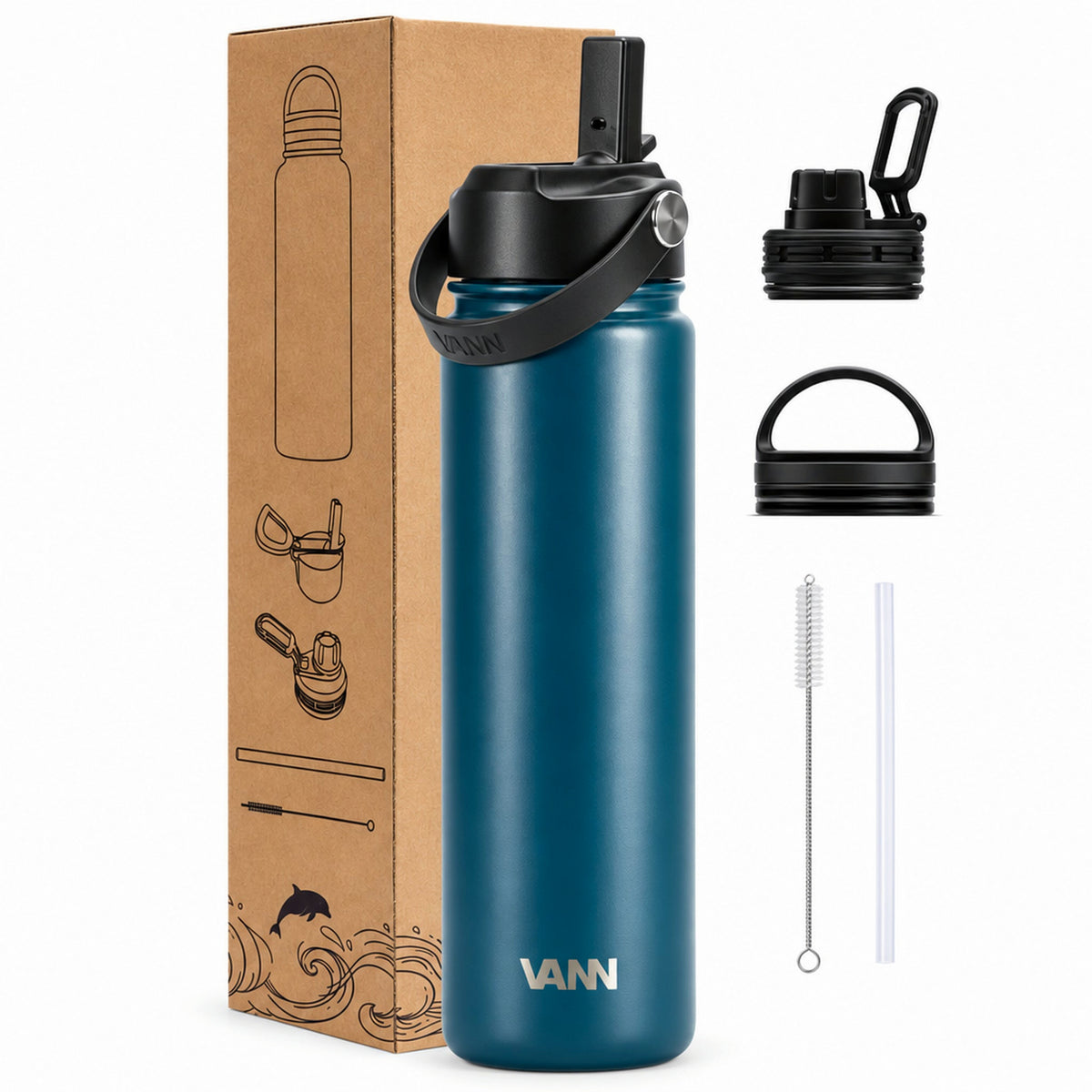 VANN Ultimate Bottle 650 ml Nordic Sea RVS drinkfles met verpakking, rietjesdop, sportdop, draagdop, rietje en reinigingsborstel