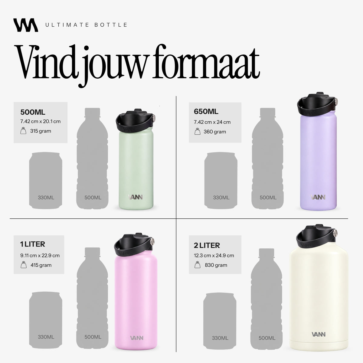 VANN Ultimate Bottle rvs drinkfles in 500 ml, 650 ml, 1 liter en 2 liter met afmetingen en gewicht