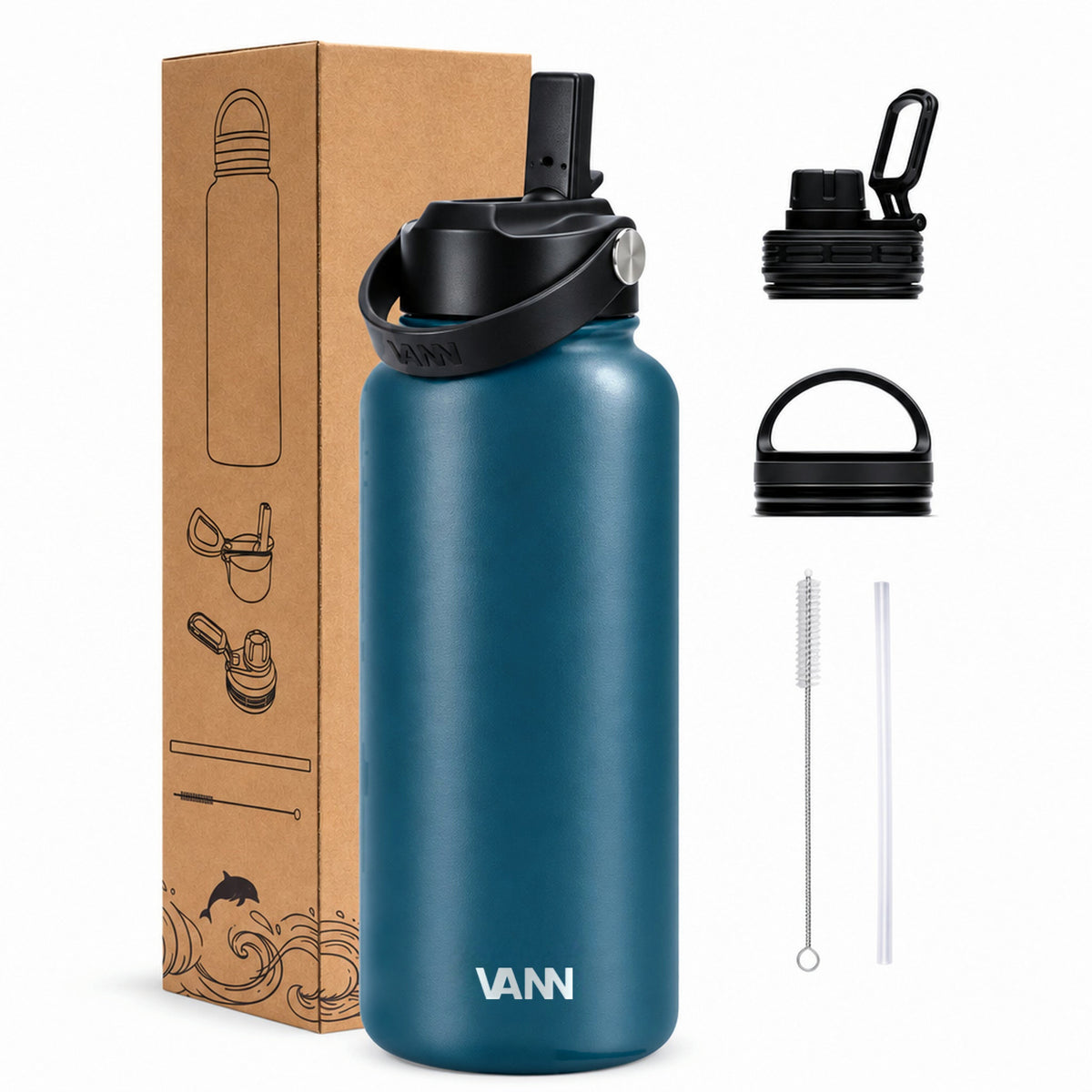 VANN Ultimate Bottle 1 liter Nordic Sea RVS drinkfles met verpakking, rietjesdop, sportdop, draagdop, rietje en reinigingsborstel